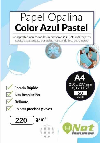 Opalina Lisa Color Azul Pastel A4 220gr Doble Faz 50 Hojas
