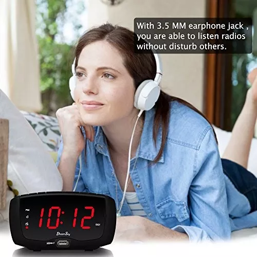 DreamSky Radio despertador para dormitorio con 2 puertos de carga USB,  reloj de noche eléctrico con números grandes regulables de 1.4 pulgadas,  radio