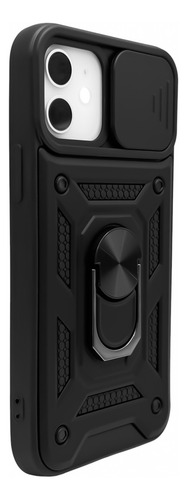 Funda Negra Para iPhone 12 (6.1) / 12 Pro (6.1) De Uso Rudo Con Protección Deslizable En Área De Cámara Y Anillo Metálico