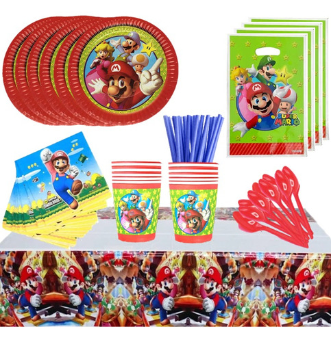 Pack Cotillon Mario Bros X10 + 1 Mantel 180 Cm - Globifiesta