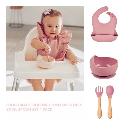 Kit Alimentação Bebê Silicone Prato, Babador, Garfo E Colher