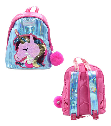 Imagen 2 de 8 de Mochila Jardín Unicornio Con Lentejuelas Turquesa-original