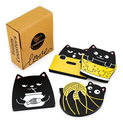 Yuseful Juego De 4 Posavasos De Madera Para Gatos, Divertido