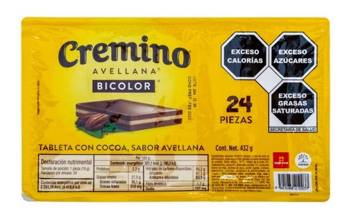 Cremino Avellana Bicolor Chocolate Sabor Avellana 24pz 432g