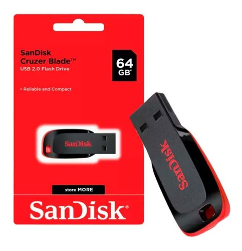 Imagen 1 de 3 de Pendrive Sandisk Cruzer Blade 64gb 2.0 Negro Y Rojo