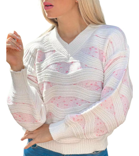 Sweater Importado Blanco Y Rosa Tejido Grueso Gofrado 