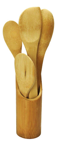 Jogo De Porta Talheres + Colher De Bambu (pau) 5 Pc Cozinha Cor Marrom