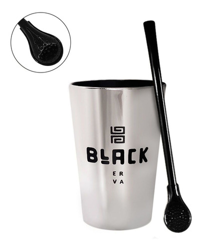 Imagem 1 de 3 de Kit Tereré Black Erva Cuia Cromada 350ml + Bomba Preta 19cm