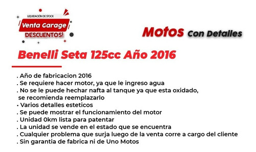 Imagen 2 de 10 de Benelli Seta 125 Año 2016 Moto 0km Con Detalles Venta Garage