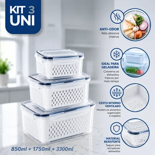 Kit 3 Recipientes Vedação Hermética Empilháveis Conservar Branco