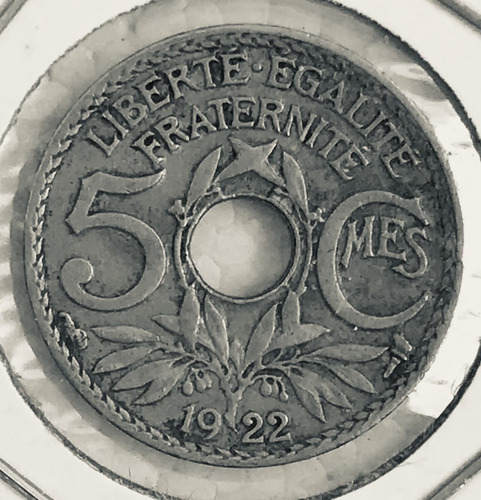 * Moneda Francia 5 Centimes Año 1922. Km # 875