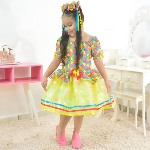 Vestido Festa Junina Xadrez Tule Amarelo Com Led + 2 Laço
