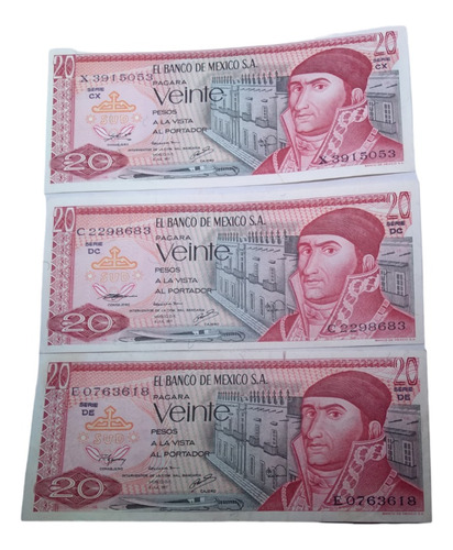 3 Billetes 20 Pesos  Morelos  1977 Excelente 