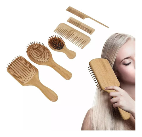 Kit De Cepillo Y Peine De Bambú Anti Frizz Con 6 Piezasv1.