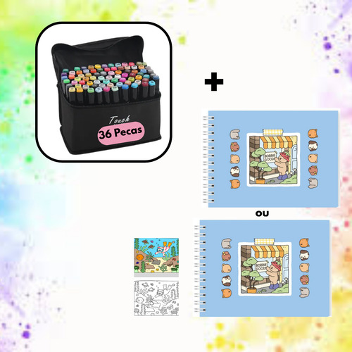 Conjunto Canetas + Livro De Colorir 36 Cores Canetinhas Azul/verde