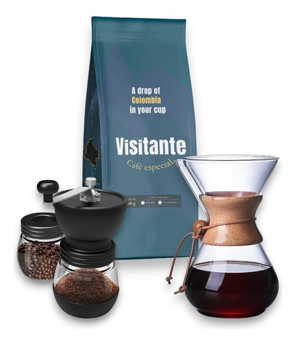 Kit Chemex 400 Ml Asa Madera Molino Vidrio Café Visitante 