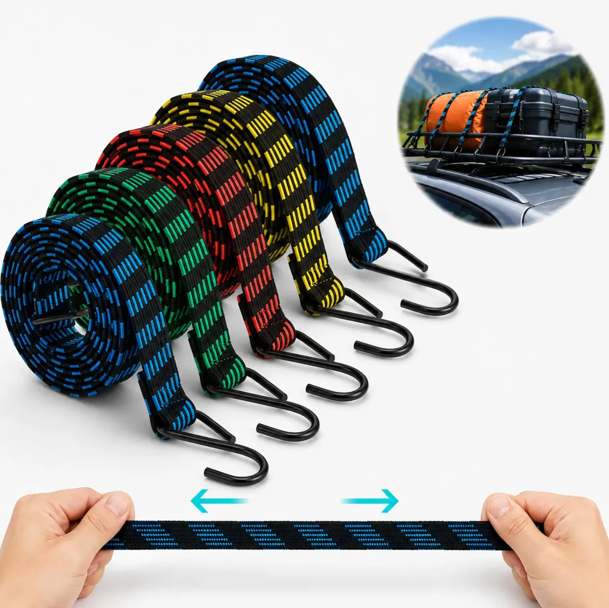5 Tensores De Cuerda Elástica Reforzados De Colores Con Ganchos, Para Carga Cuerda De Sujeción, Bandas Elásticas Para Outdoor, Amarre De Equipaje, Cuerda Para Tiendas Y Camping, Elástica Para Moto