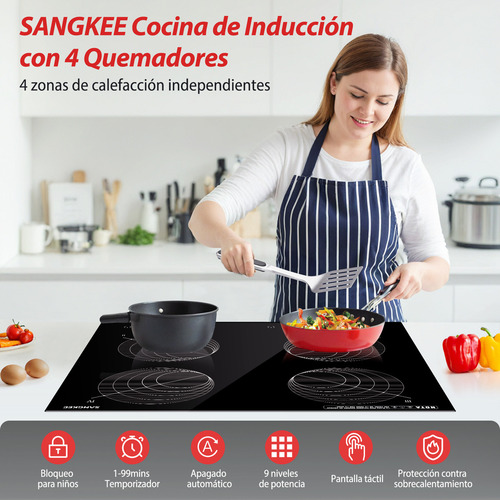 SANGKEE Parrilla De Induccion Electrica De 4 Zonas Con Dos Enchufes, Estufa Táctil Con Digital Sensor 3600w, Control Independiente, Ahorro De Energia, Bloqueo De Seguridad Para Niños, 127V