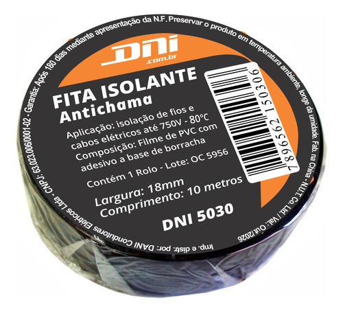 Fita Isolante Em Pvc 10m Preta - Dni 5030