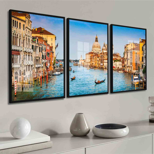 3 Quadros Decorativos Veneza Itália Paisagem Moldura E Vidro