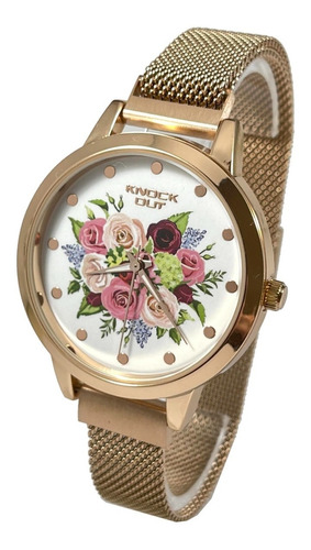 Reloj Knock Out Mujer Tejida Iman Rose Con Flores 0902-175