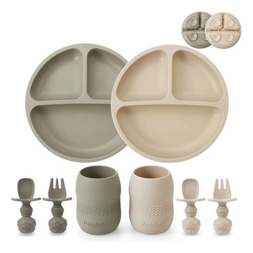 Plato Para Bebe De Silicona Con Vaso Y Cubiertos Marron