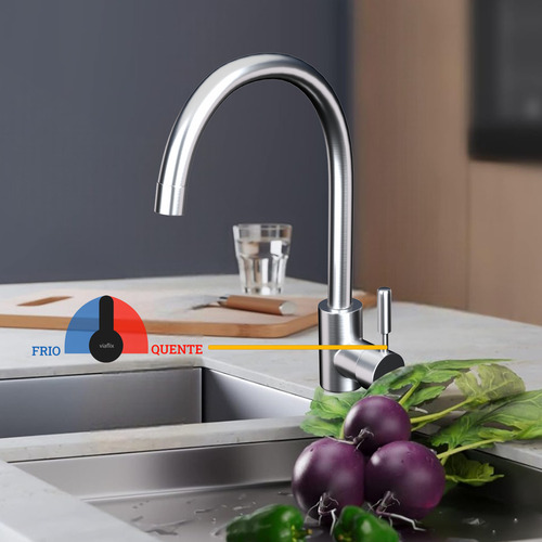 Torneira Para Cozinha Pia Furo 3,5 Alta Inox Bico Alto Móvel Monocomando Decada Flexível Compativel Com Pias Docol Dk-29 Via Flix Aço Escovado