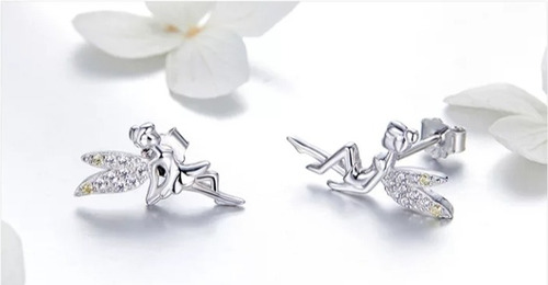 Pequeños Aros De Plata Ley 925 Con Diseño De Hada Tinkerbell