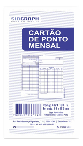 Cartão De Ponto Mensal 86x180 100fls Sidgraph