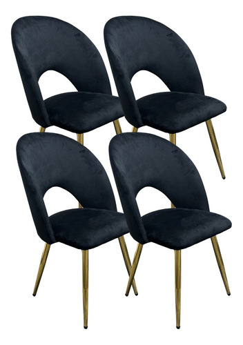 Pack 4 Silla Elegante Comoda Tapiz Felpa Elsa Estructura De La Silla Dorado Asiento Negro Diseño De La Tela Liso
