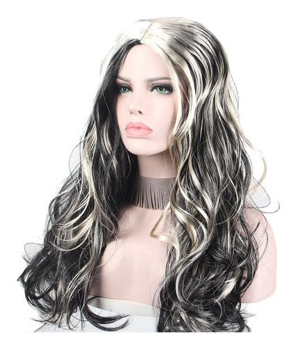 Peruca Longa Feminina Cabelo Preto Com Mechas Branco Loiro