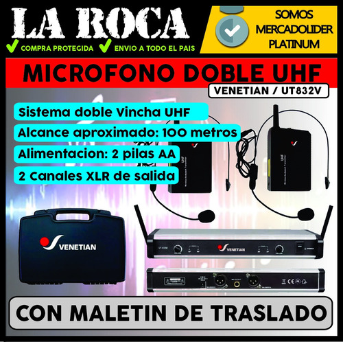 Imagen 3 de 10 de Microfono Inalambrico Doble De Vincha Uhf Venetian Ut832v