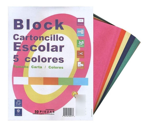 Cartulina Cartoncillo Carta Block 5 Color Brillante 50 Hojas