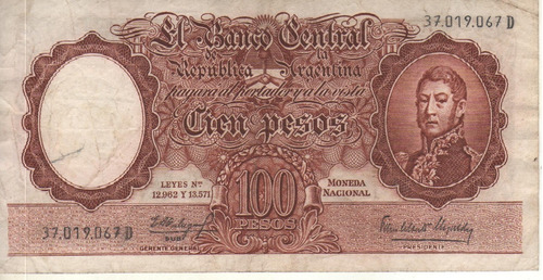 Bottero 2069 - Billete De 100 Pesos Mon. Nac. Año 1965 - Vf+