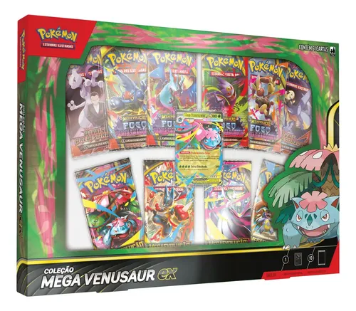 Caixa do Box Pokémon Mega Venusaur EX com diversos pacotes de booster e cartas em destaque, com arte de Venusaur na lateral.