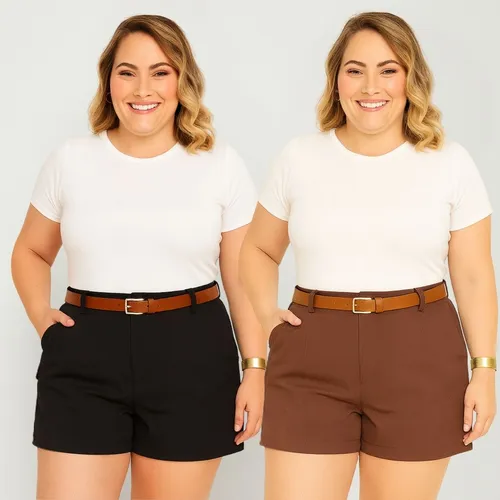 Kit 2 Shorts Femininos Plus Size Cintura Alta Com Cinto
