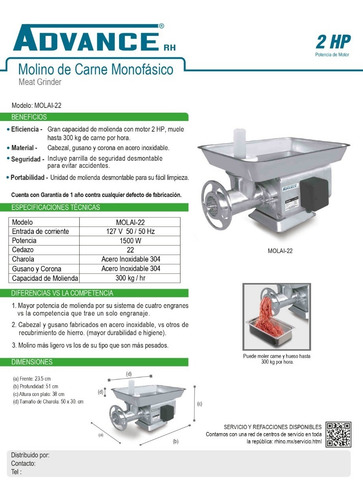 Imagen 4 de 4 de Molino Para Carne 2 Hp Marca Rhino/advance Muele Hueso De Pollo Rb