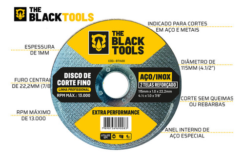 Disco Corte Fino Inox 4.1/2 X 1,0mm Esmerilhadeira 50 Peças The Black Tools