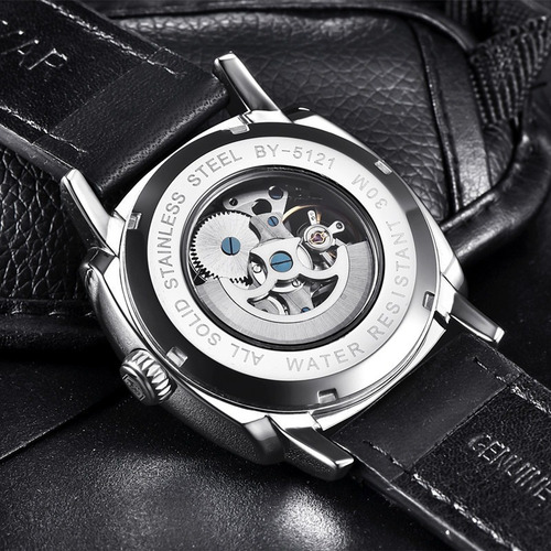Relojes Mecánicos Casuales De Cuero Hueco Benyar Fondo Plata Negro
