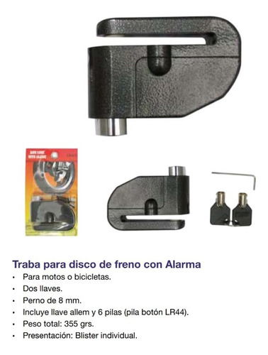 Tranca Candado Para Moto Disco De Freno Con Alarma 