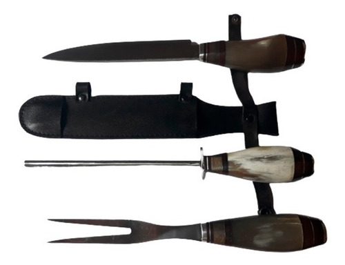 Set Asador Grande Tenedor Cuchillo Y Chaira Cuerno De Vaca!!