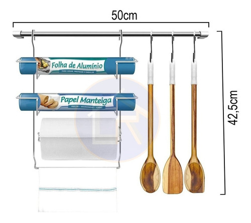Kit Suporte Parede De Vara Porta Rolos Bella Cucina - Kit 3 Cor Cromado