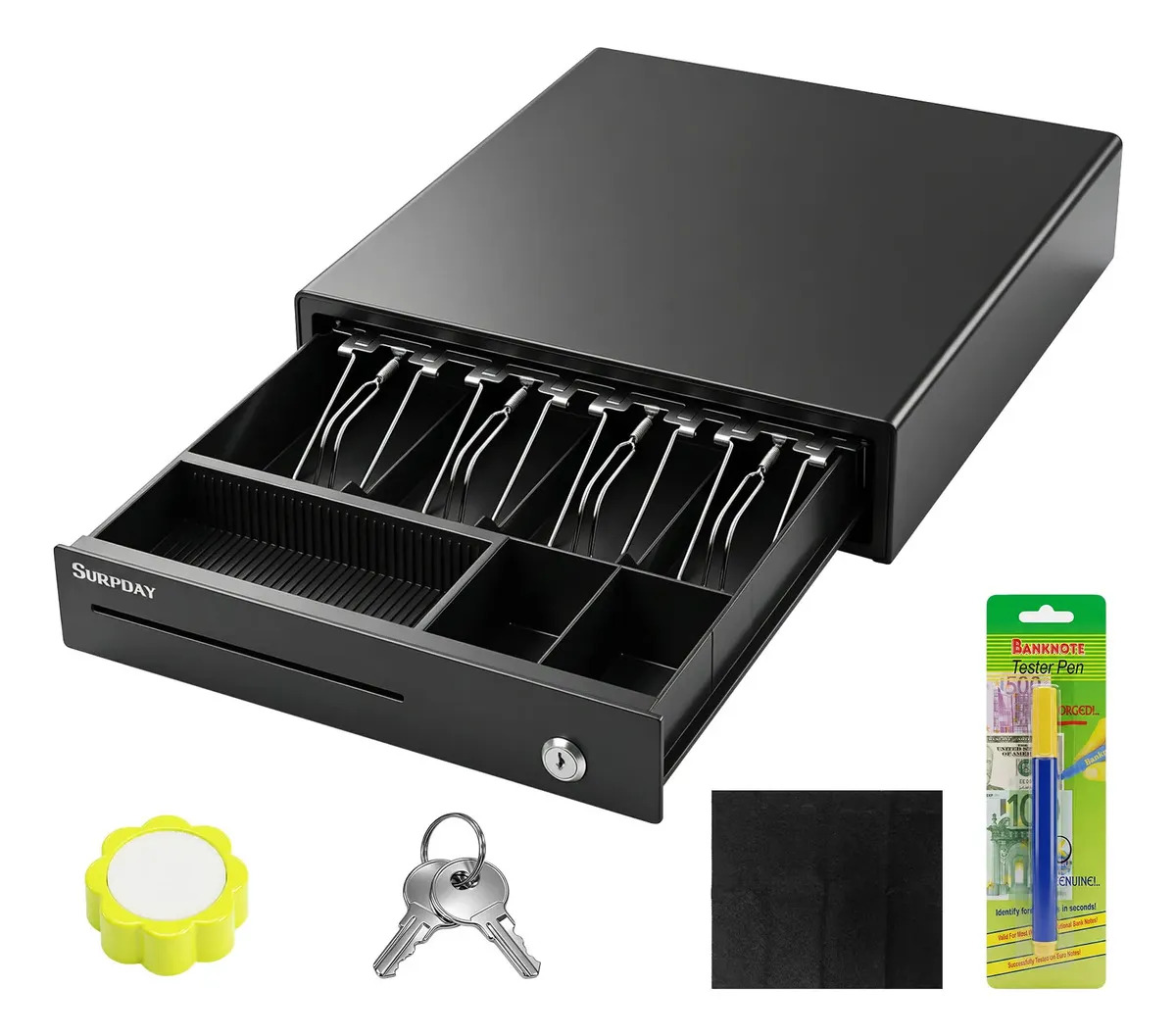 Imagen de Cajón De Dinero Metálico Punto De Venta Negro 4 Divisiones Para Billetes Con Llave Segura Resistente Profesional Compatible Con Caja Registradora Paquete De Caja Registradora Incluido SurpDay