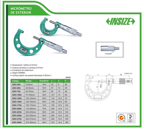 Imagen 2 de 7 de Micrometro Exterior 25-50mm Insize 3203- 50 Solfer