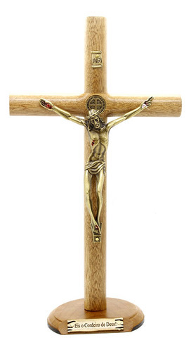 Crucifixo Mesa Madeira Cilíndrica 26cm Com Medalha São Bento Cor Marrom