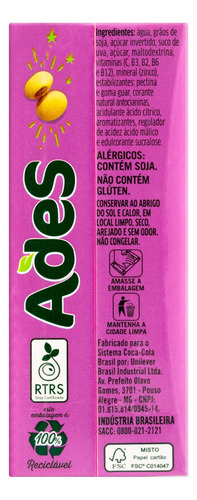 Bebida à Base de Soja Uva Ades Caixa 200ml