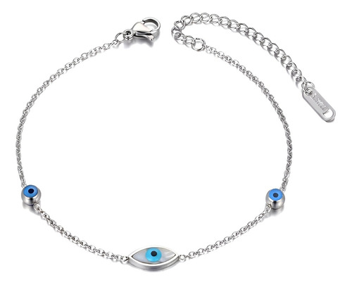 Tornozeleira Olho Grego Azul Feminina Aço Inoxidável Prata Comprimento 19 cm Cor Prateado