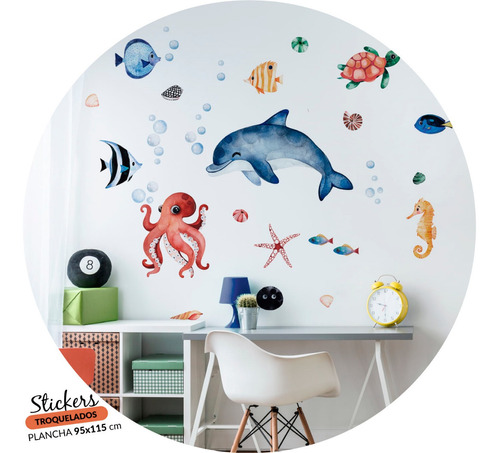 Vinilo Infantil Acuarela - Océano Mar Delfin - 95x115cm