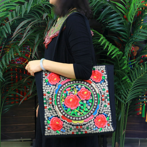 Bolsa Bordada Grande Artesanal Flores Y Pájaros Tres 3*pzas