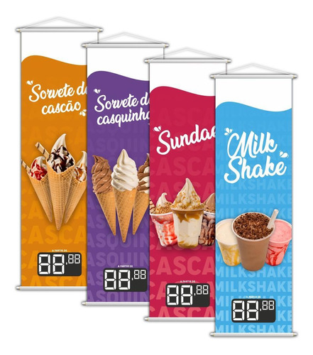 Kit 4 Banners Sorvete Casquinha Sundae Milk Shake 100x30cm